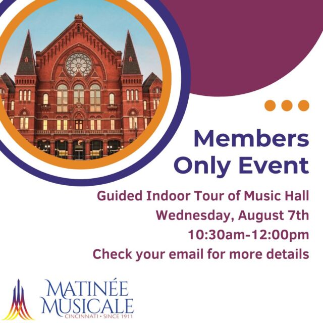 MMC members are invited to a guided indoor tour of Music Hall on August 7th!  Interested in learning more about MMC membership? Check out the details on our website by using the link in our bio!  #MMC #membership #musiclovers #musichall #CincyArts #musicclub