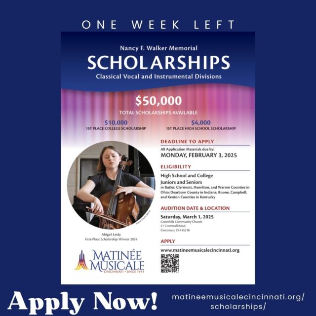 We would love to see your application for this year's scholarship competition! Don't delay! 🎶🏆🎶

#MMC #scholarshipcompetition #musicscholarship #ScholarshipOpportunity #cincyarts #musiccompetition