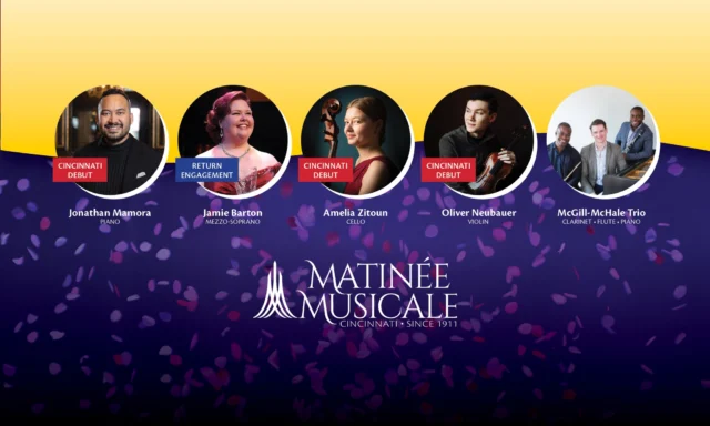 This coming season, Matinee Musicale Cincinnati presents rising stars and acclaimed artists in an intimate, inspiring celebration of classical music! 

Recently voted our region’s “Best Concert Venue,” Memorial Hall will serve as the backdrop for this season’s dynamic lineup. From dazzling piano virtuosity to powerful vocal and chamber performances, each concert offers a chance to experience the music up close and features world-class artists like Jamie Barton and Anthony McGill. Subscribers enjoy valuable perks like free parking, discounted additional tickets throughout the year, and flexible ticket exchanges.

Get your subscription before May 15 to receive 10% off!