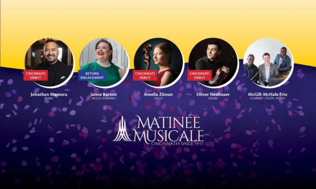 This coming season, Matinee Musicale Cincinnati presents rising stars and acclaimed artists in an intimate, inspiring celebration of classical music! 

Recently voted our region’s “Best Concert Venue,” Memorial Hall will serve as the backdrop for this season’s dynamic lineup. From dazzling piano virtuosity to powerful vocal and chamber performances, each concert offers a chance to experience the music up close and features world-class artists like Jamie Barton and Anthony McGill. Subscribers enjoy valuable perks like free parking, discounted additional tickets throughout the year, and flexible ticket exchanges.

Get your subscription before May 15 to receive 10% off!