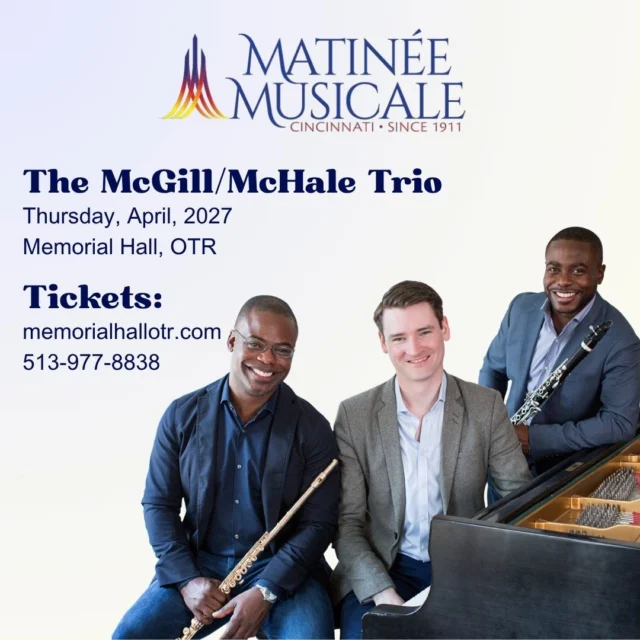 New York Philharmonic principal clarinetist Anthony McGill, Seattle Symphony principal flutist Demarre McGill and concert pianist Michael McHale have formed an all-star trio.

An unusual and captivating combination of flute, clarinet, and piano, this ensemble came together for a festival performance, where brothers Anthony and Demarre McGill immediately found a natural musical connection with McHale. Blending their distinct timbres with seamless balance and nuanced phrasing, the ensemble creates a dazzling and deeply expressive listening experience.

Join us in welcoming the McGill brothers back to Cincinnati, for the first time with Michael McHale, this coming spring! Subscriptions to the Matinee Musicale Cincinnati recital series are available now at the link in our bio or by calling (513) 977-8838.