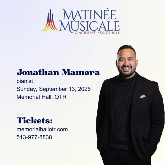 🎹Pianist Jonathan Mamora creates performances that inspire, move, and leave a lasting impression. Since making his concerto debut at just 13, Mamora has performed across North and South America, Europe, and Asia, earning top prizes and acclaim along the way. With artistry that is virtuosic and deeply personal, his mission remains beautifully simple: to use music as a force for connection, service, and uplifting others.

✨Don’t miss his Cincinnati debut, part of Matinee Musicale Cincinnati’s 2026-27 recital series! Subscriptions are available now at the link in our bio or by calling (513) 977-8838.