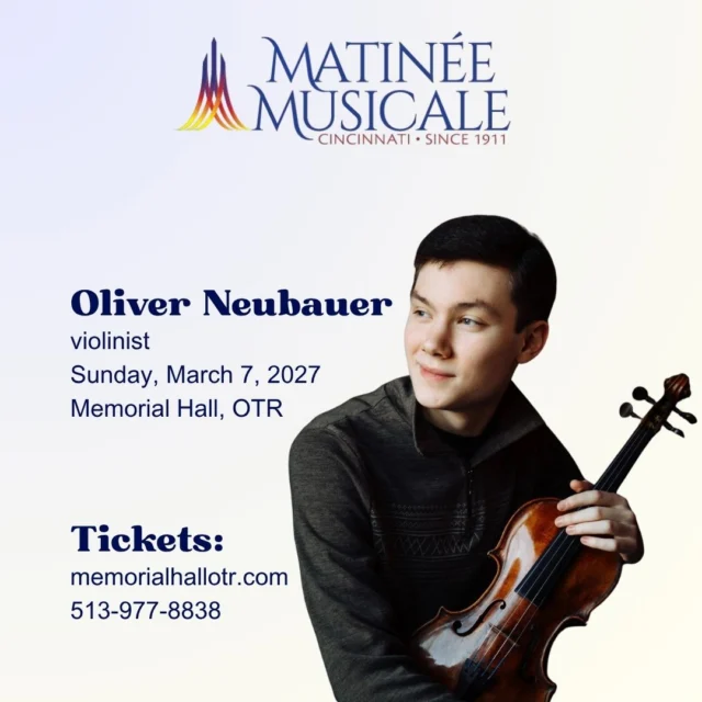 🎻Oliver Neubauer is quickly emerging as one of classical music’s most distinctive young artists. The violinist won first prize in the 2023 Susan Wadsworth Young Concert Artists International Auditions and has appeared internationally at major halls and leading festivals. Neubauer has earned acclaim as a soloist for his expressive playing and imaginative, deeply personal programming. Each performance reflects his commitment to creating meaningful musical experiences that connect powerfully with audiences.

✨Don’t miss his Cincinnati debut, part of Matinee Musicale Cincinnati’s 2026-27 recital series! Subscriptions are available now at the link in our bio or by calling (513) 977-8838.