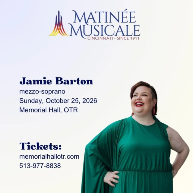 🌟Mezzo-soprano Jamie Barton is celebrated for her powerful, expressive voice. The international opera star and 2026 Grammy-award winning singer is a dynamic and dramatic performer, and we are thrilled to welcome her back to Cincinnati this fall for her second appearance on the MMC recital series!

🎶This performance is part of Matinee Musicale Cincinnati’s exciting new season! Subscriptions are available now at the link in our bio or by calling (513) 977-8838.