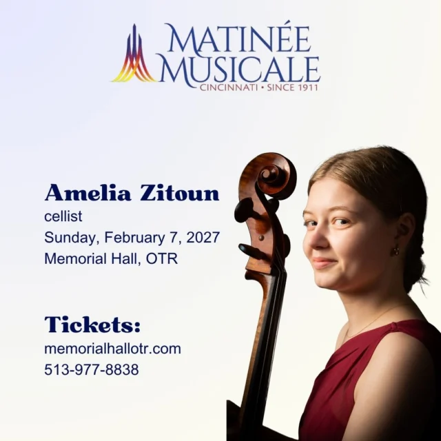 Cellist Amelia Zitoun is making a remarkable impression on the classical music world.

Before beginning college, the 21-year-old had performed as a soloist with numerous orchestras, earned top prizes in major competitions, and was featured on Chicago’s WFMT Introductions, the celebrated live radio program showcasing exceptional young artists. With extraordinary poise, passion, and artistry, Zitoun is a rising star audiences won’t want to miss.

Witness Zitoun’s astonishing talent this coming season as part of Matinee Musicale Cincinnati’s 2026-27 recital series. Subscriptions are available now at the link in our bio or by calling (513) 977-8838.