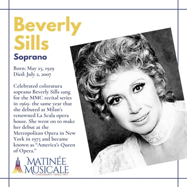 Today, on the anniversary of her birth, we're remembering American opera star Beverly Sills, who performed on our recital series back in 1969!#MMC #BeverlySills #soprano #cincyarts #musichistory