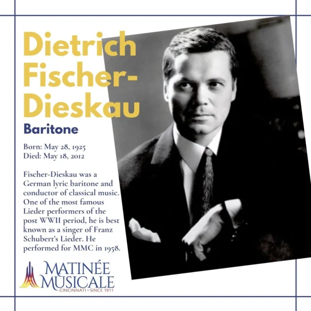 Today, on the anniversary of his birth, we're remembering German baritone Dietrich Fischer-Dieskau. We were lucky to have him perform on our recital series in 1958!#MMC #recitalseries #cincyarts #baritone #musichistory #dietrichfischerdieskau