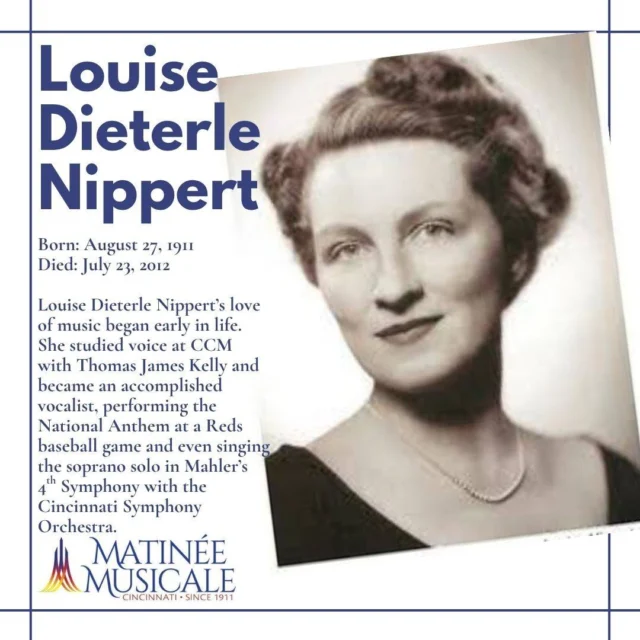 Today, on the anniversary of her birth, we're remembering and celebrating the life of Louise Dieterle Nippert, one of the most influential people in our organization's history. Thanks to her generous bequest, the MMC recital series has flourished for 113 years, and we have even expanded our mission, awarding scholarships and grants to promote classical music education and enjoyment in the Cincinnati area. ❤️🎶