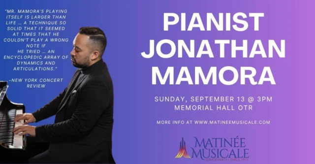 Pianist Jonathan Mamora kicks off Matinée Musicale Cincinnati's recital series on September 13!“Mr. Mamora’s playing itself is larger than life … a technique so
solid that it seemed at times that he couldn’t play a wrong note if
he tried … an encyclopedic array of dynamics and articulations.” -New York Concert ReviewGet your tickets now at using the link in our bio!